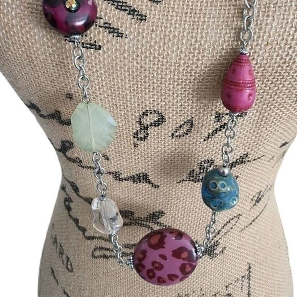 Treska Long Mixed Bead Station Necklace Silver Tone Leopard Print Boho 36in